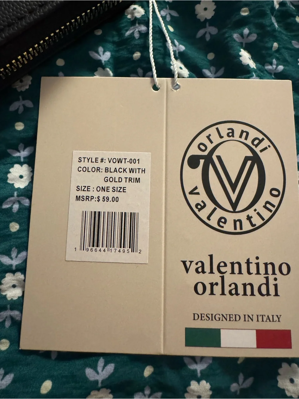 Valentino Orlandi Black Quilted Zip-Around Wallet with Gold V Emblem
